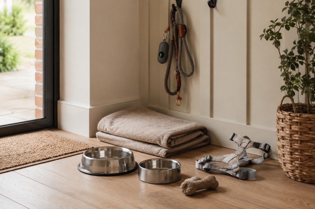Dog accessories starter kit with bowls, harness and lead in a UK hallway