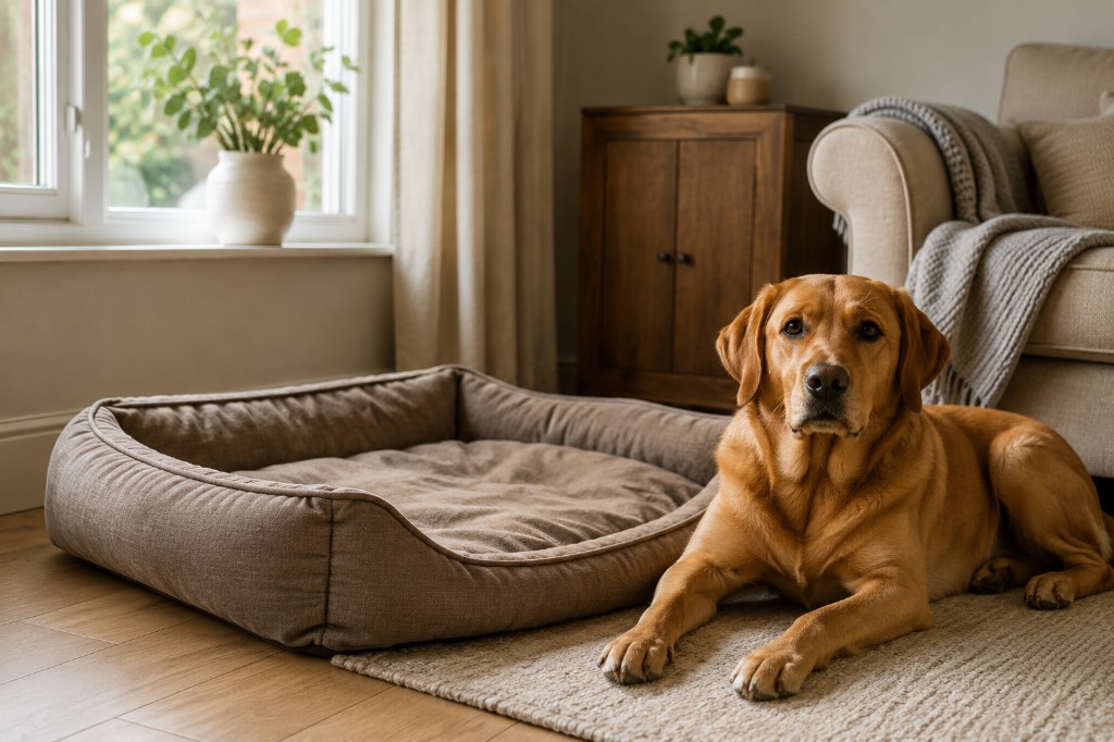 Dog lying beside a well-used fabric bed in a UK living room