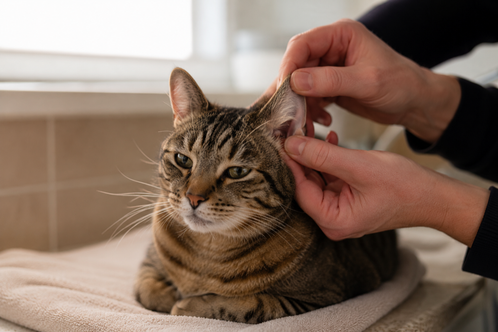 Owner gently checking a cat's ear during home ear care in a UK living room