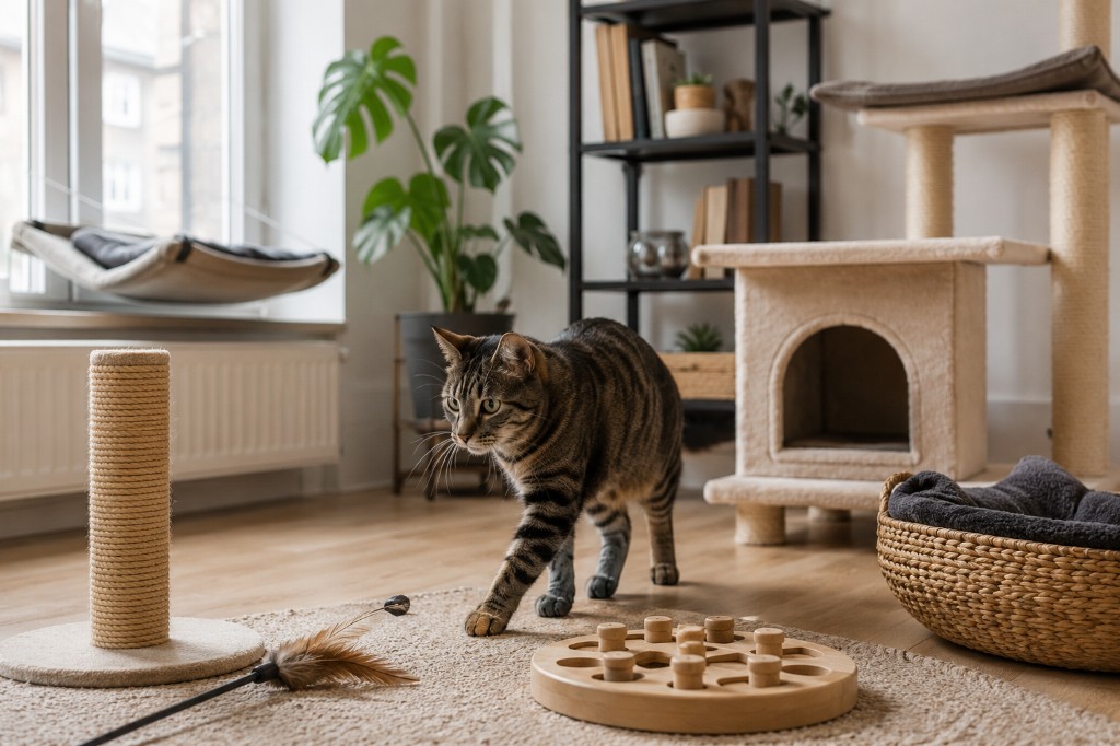 Indoor cat enrichment setup with scratching post, toy puzzle and climbing space