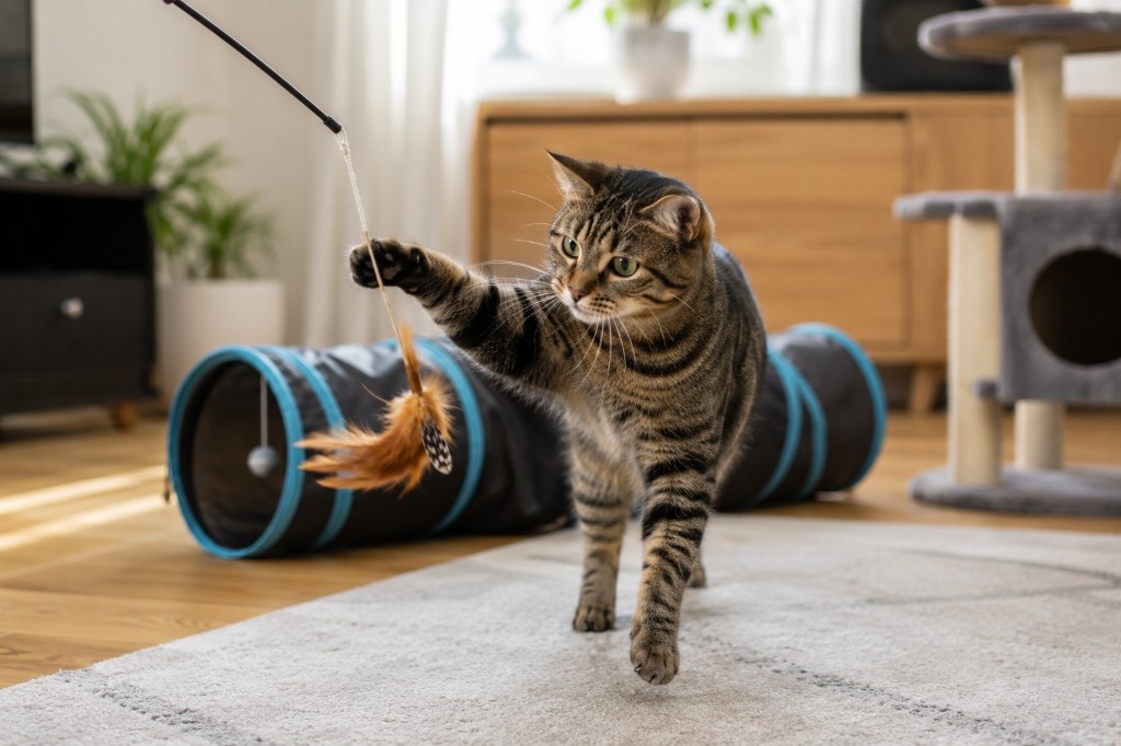 Tabby cat playing with a feather wand toy inside a UK home